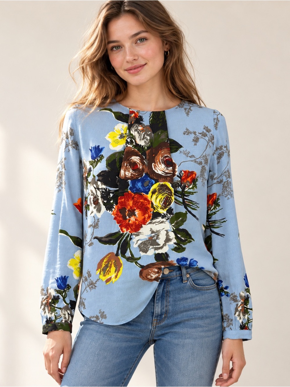 Boden Floral Blouse US Size 2 Soft Blue 100% Viscose Long Sleeve Top
